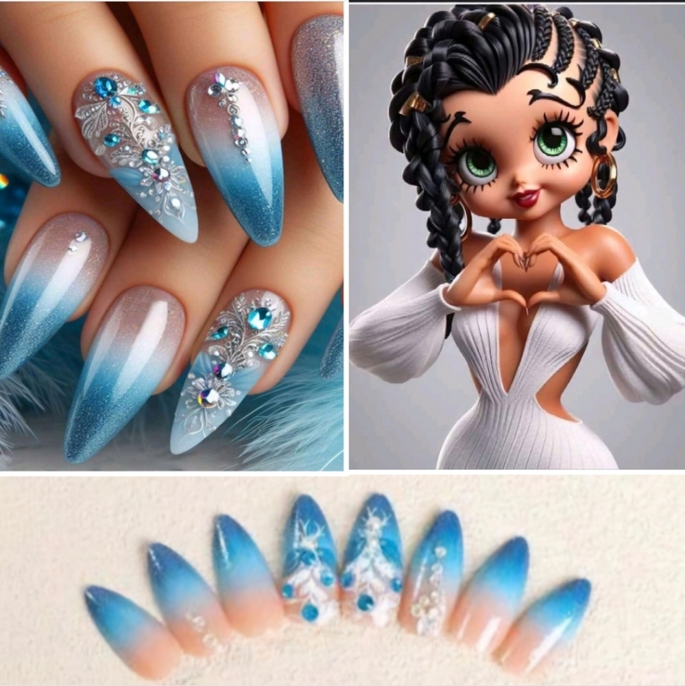 24pcs Almond Fake Nails, Blue Gradient French Tip, 3D Flowers & Blue Rhinestones
